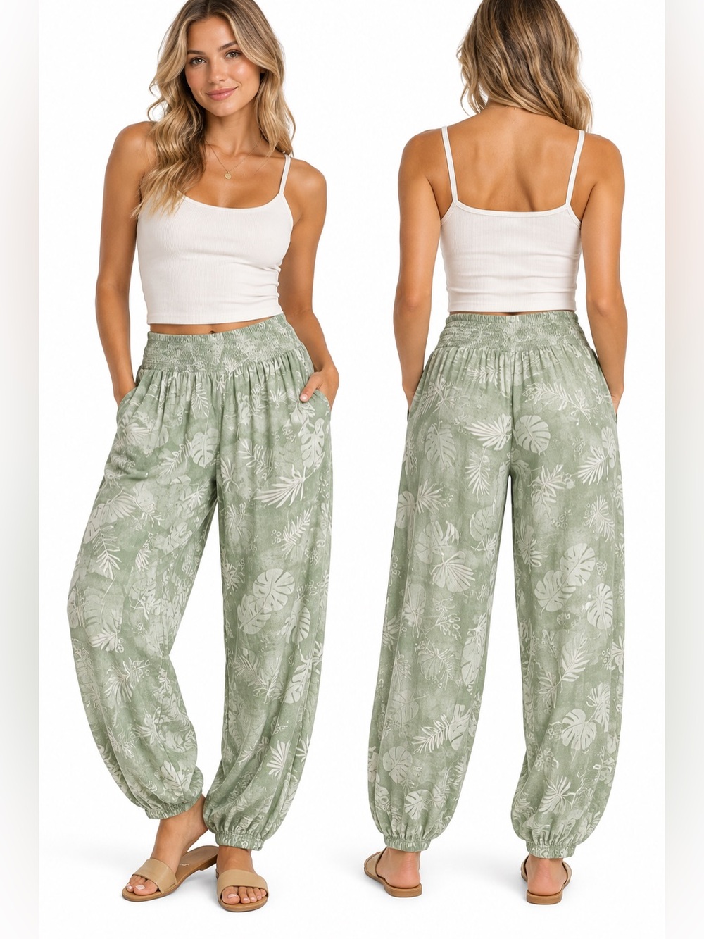 Women's Sage Tropical Print Elastic-Waist Harem Joggers - Picture 1 of 4